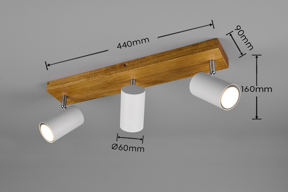 MARLEY BARRA 3 SPOTS CIL. BIANCHI BASE LEGNO NATURALE L. 49,5CM