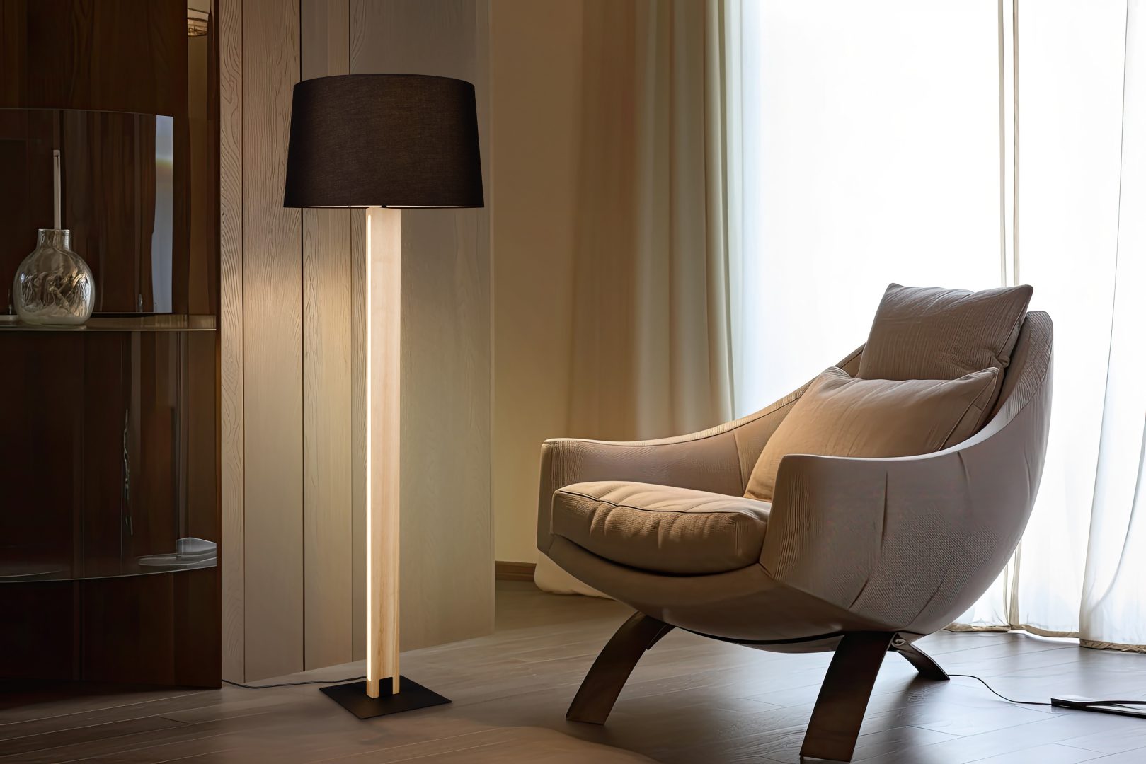 RAHUL PIANTANA TOUCH METALLO E PARALUME NERO E LEGNO CON LED H. 150CM