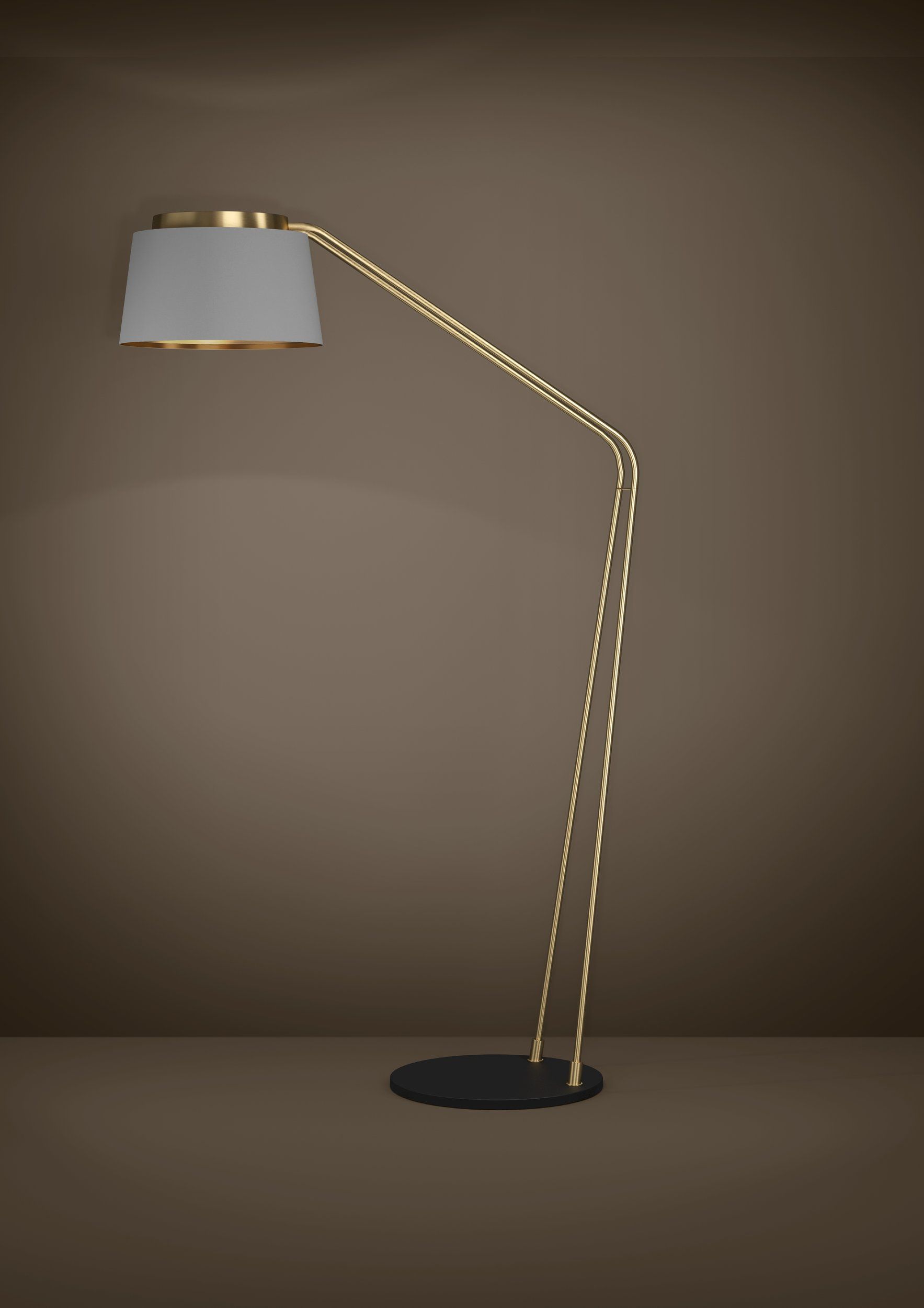 ALMERIMAR - Piantana - E27 1X40W - Struttura in acciaio / finitura nero, ottone spazzolato; Diffusore in tessuto / finitura grigio, ottone;
L1100 x 410 H1805