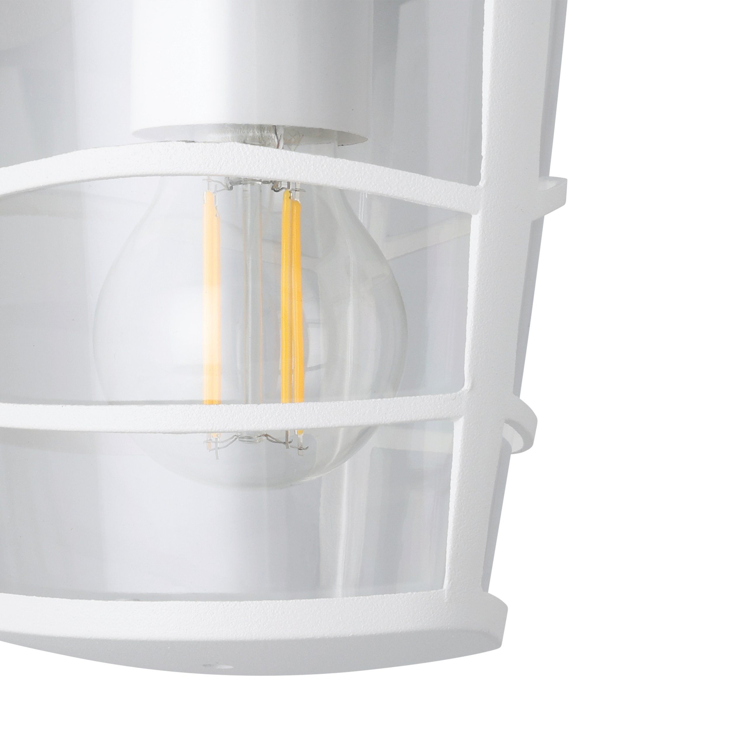 ALORIA - Applique - E27 1X60W - Struttura in alluminio fuso / finitura bianco; Diffusore in plastica / finitura chiaro; Dotazione per installazione angolare  ; IP44;
L170 x 190 H225