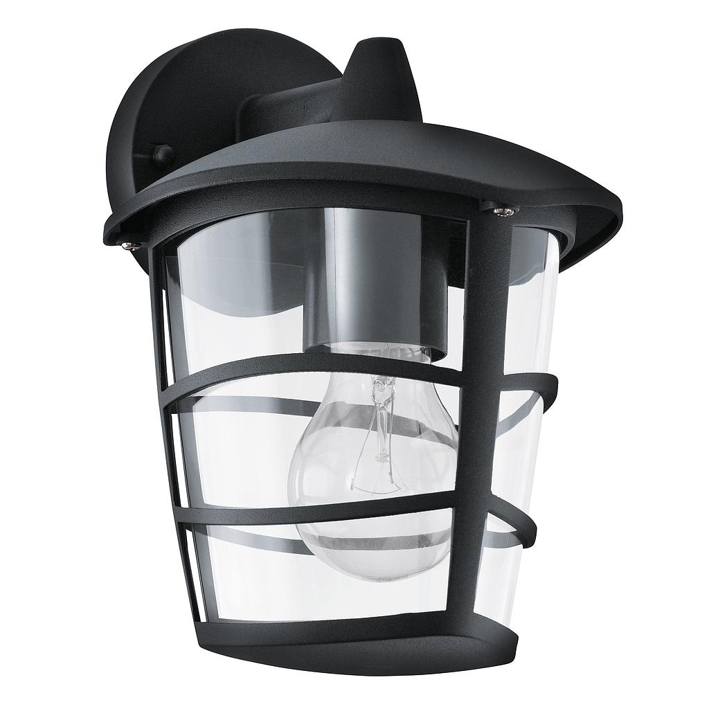 ALORIA - Applique - E27 1X60W - Struttura in alluminio fuso / finitura nero; Diffusore in plastica / finitura chiaro; Dotazione per installazione angolare  ; IP44;
L170 x 190 H225